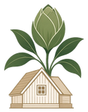 Pumpurs Māja logotips — koka māja ar pumpuru